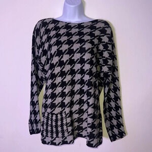 J. Jill Sweater Womens Small Pullover Long Sleeve Black Gray Houndstooth Check